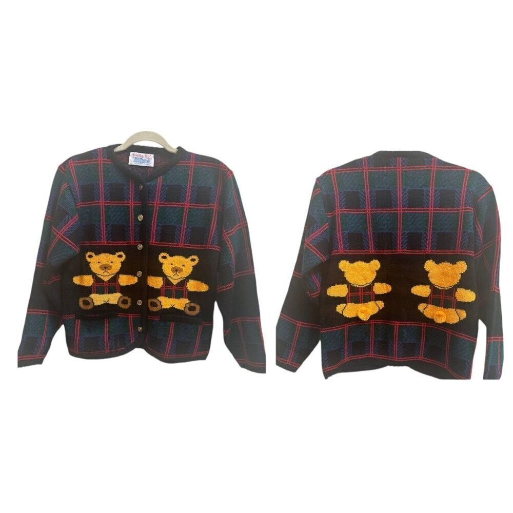 Tally Ho Sweater Cardigan Vtg 90s Plaid Teddy Bear Knit Womens Small - Picture 2 of 9